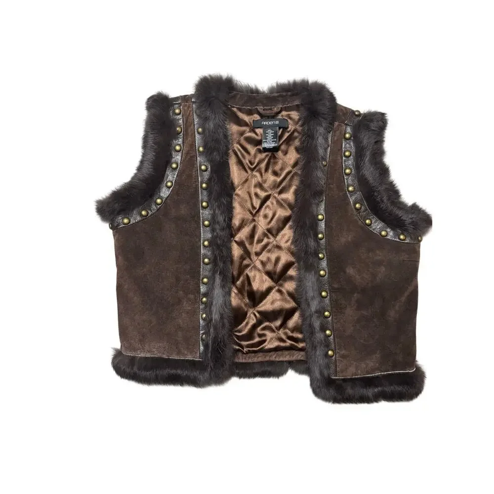 Y2K Arden B. Suede Rabbit Fur Trim Vest SZ L
